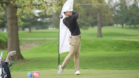 John Heckel Jr. tees off at the 2025 Patriot League Championship at Bucknell Golf Club