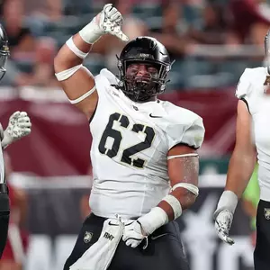 Sep 26, 2024; Philadelphia, Pennsylvania, USA; Army Black Knights defensive lineman Jacob Tuioti (62) celebrates his sack against the Temple Owls during the first half at Lincoln Financial Field. Mandatory Credit: Danny Wild-Imagn Images