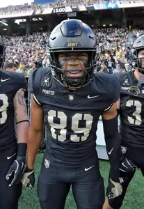 Nov 2, 2024; West Point, New York, USA; Army Black Knights wide receiver Kavon Pointer (89) gets hyped up before the first half against the Air Force Falcons at Michie Stadium. Mandatory Credit: Danny Wild-Imagn Images