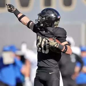 Nov 2, 2024; West Point, New York, USA; Army Black Knights defensive back Casey Larkin (20) celebrates his interception against the Air Force Falcons during the second half at Michie Stadium. Mandatory Credit: Danny Wild-Imagn Images