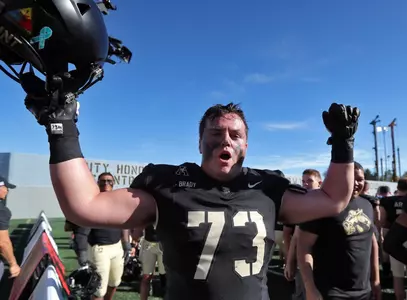 Oct 12, 2024; West Point, New York, USA; Army Black Knights offensive lineman Ned Brady (73) celebrates after a 44-10 win against the UAB Blazers at Michie Stadium. Army improved to 6-0 and became bowl eligible with the victory. Mandatory Credit: Danny Wild-Imagn Images