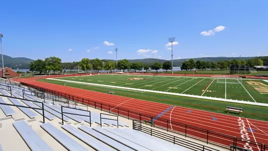 Photo of Shea Stadium from the stands showing the track and turf football field.