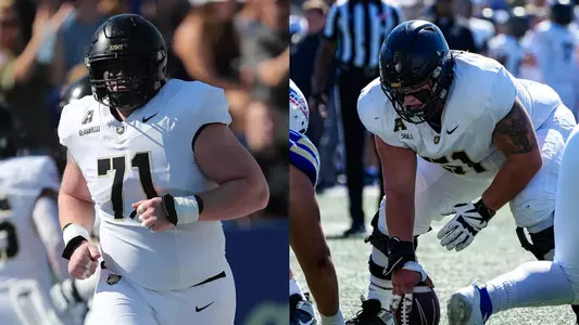Paolo Gennarelli and Brady Small combined photo with Gennarelli running toward the sideline and Small in his offensive line stance.