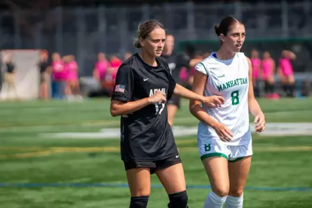 #17 Jordan Follenweider guards Manhattan's #8 in Army's 4-1 victory over Manhattan on August 17, 2025