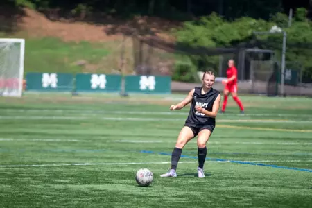 #23 Megan Youngberg looks to pass in Army's 4-1 victory over Manhattan on August 17, 2025