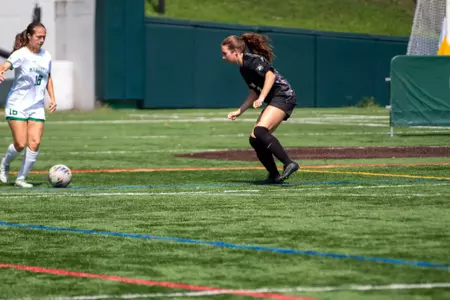 #31 Gabi Lassiter defends against Manhattan's #16 in Army's 4-1 victory over Manhattan on August 17, 2025