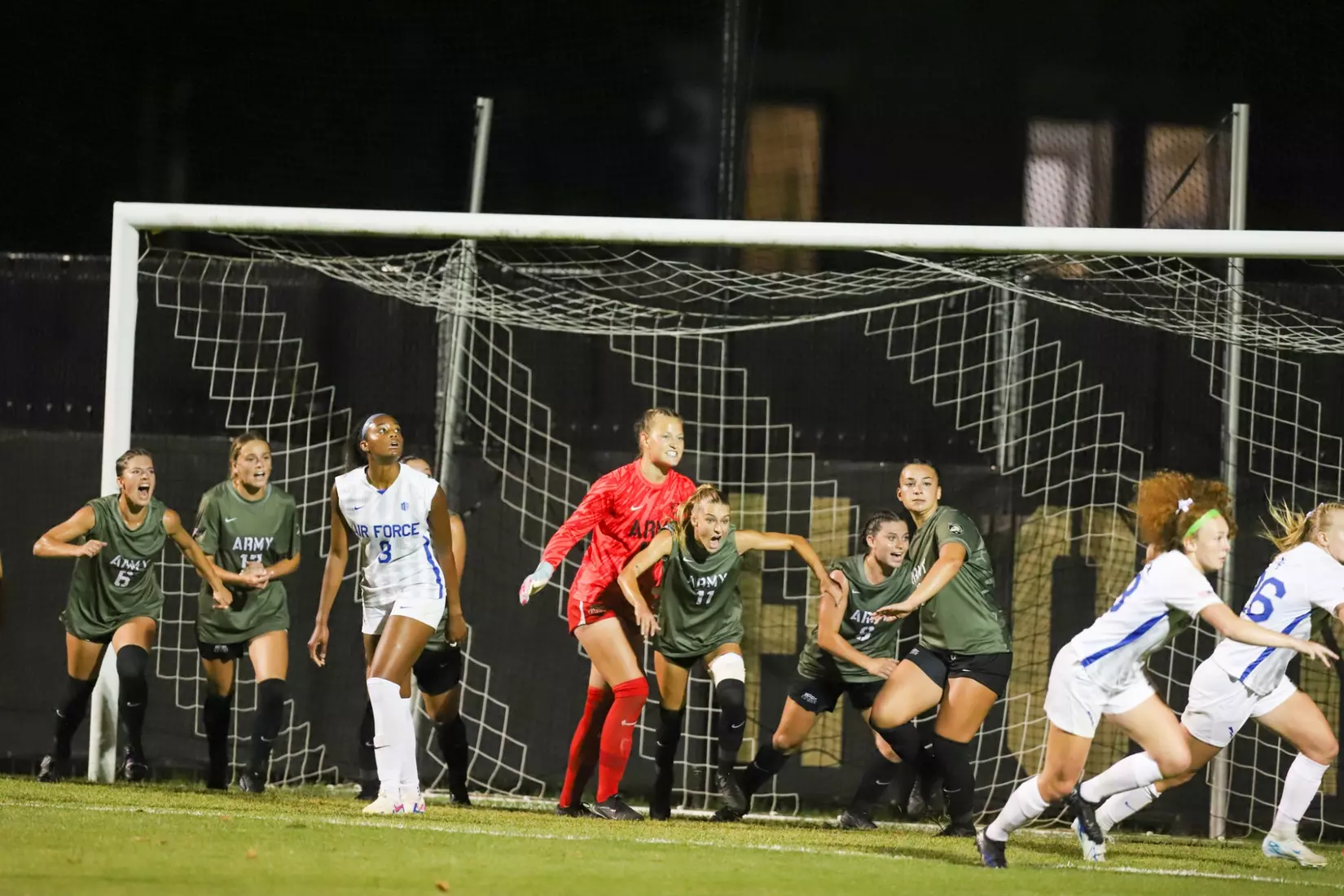 The Army defenders successfully defend a free kick from Air Force from inside the box in Army West Point's 2-1 victory over Air Force on Aug. 21, 2025