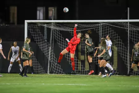 #00 Karalyn Dail punches out the ball for a save in Army West Point's 2-1 victory over Air Force on Aug. 21, 2025