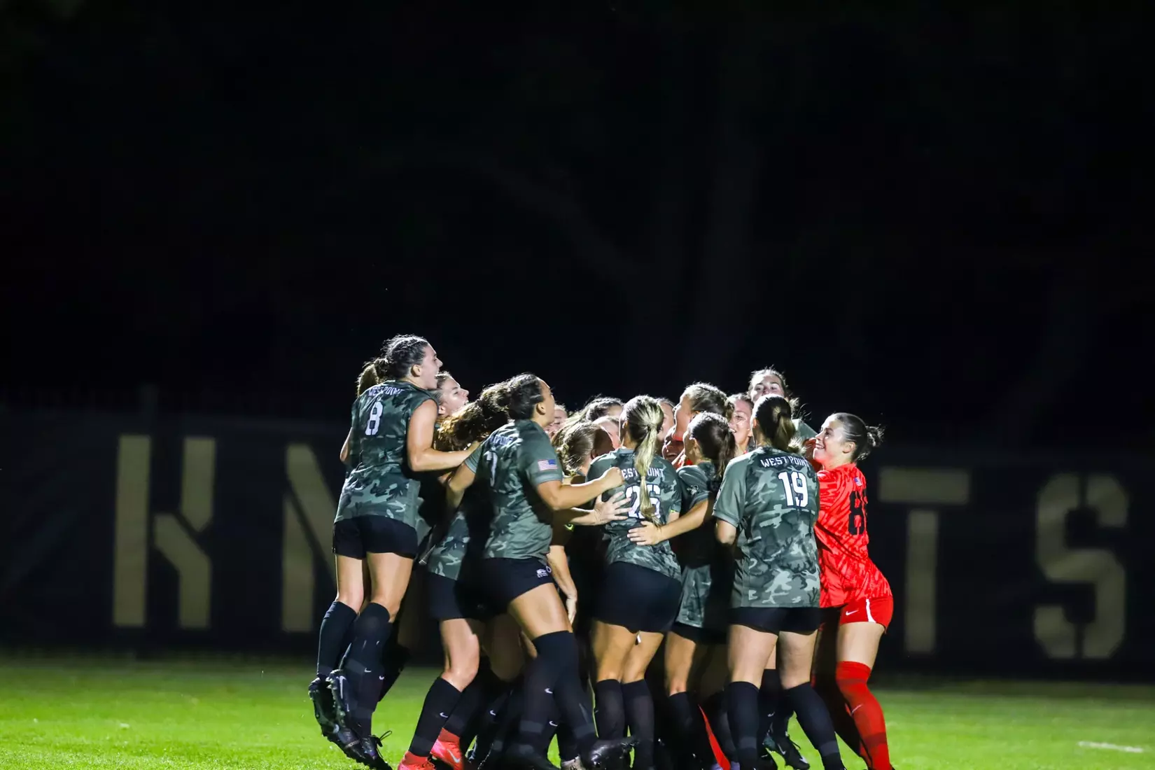 Army players run to celebrate in Army West Point's 2-1 victory over Air Force on Aug. 21, 2025