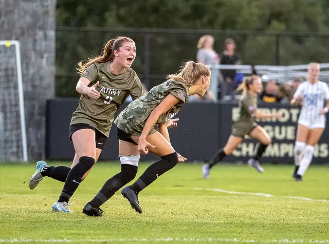 #9 Sophia Henry and #11 Sabrina Rogers celebrate a goal in Army West Point's 2-1 victory over Air Force on Aug. 21, 2025