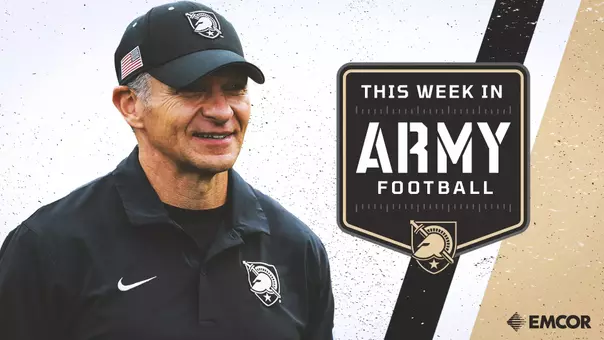 Graphic with Head Football Coach Monken smiling during pregame at Michie Stadium with the This Week in Army Football Logo on the right side.