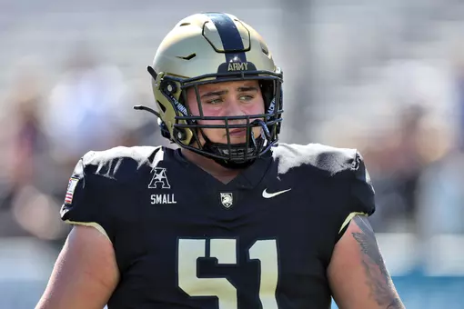 Sep 20, 2025; West Point, New York, USA; Army Black Knights offensive lineman Brady Small (51) warms up during the first half against the North Texas Mean Green at Michie Stadium. Mandatory Credit: Danny Wild-Imagn Images