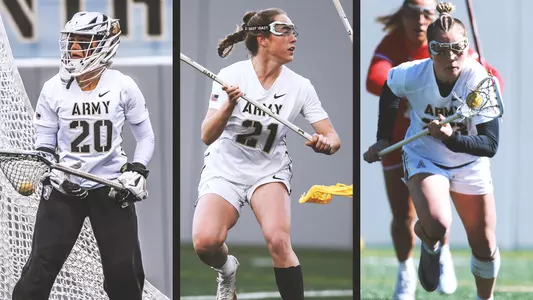 Lindsey Serafine (20) holds the ball in front of the net during a game against Navy in 2025. Brigid Duffy carries the ball on the offensive side of the field against Lafayette in 2025. Allison Reilly charges the net in a game against Boston U. in 2025.