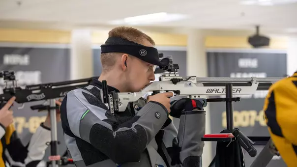 August Hupf looks to shoot Air Rifle during a match at Tronsrue Marksmanship Center