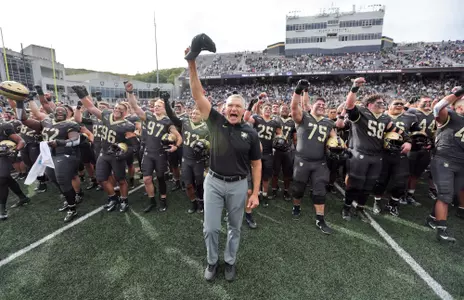 Oct 10, 2026; West Point, New York, USA; Army Black Knights head coach Jeff Monken celebrates with his team after a 20-17 win against the Tulane Green Wave at Michie Stadium. Mandatory Credit: Danny Wild-Imagn Images