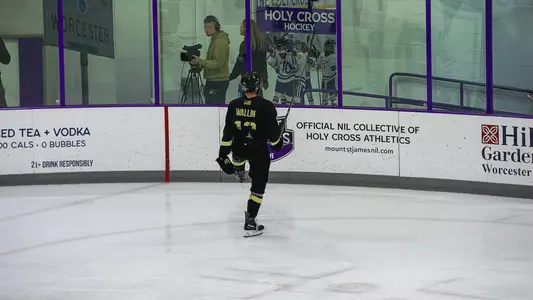 Rhys Wallin (12) celebrates a goal against Holy Cross at Hart Center Rink in Worcester, Mass. on Oct. 17, 2026