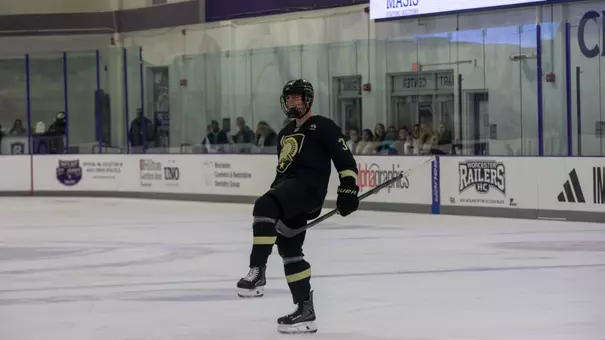Noah Mertz (34) celebrates scoring his first collegiate goal against Holy Cross in a 3-1 victory at Hart Center Rink on Oct. 18, 2026
