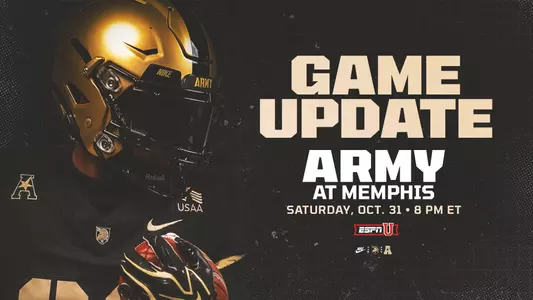 Graphic showing the Army Football at Memphis Game Time Announcement for 8 PM on ESPNU on Saturday, October 31.