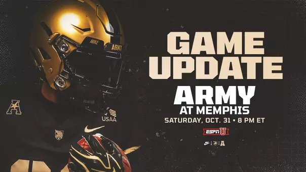 Graphic showing the Army Football at Memphis Game Time Announcement for 8 PM on ESPNU on Saturday, October 31.