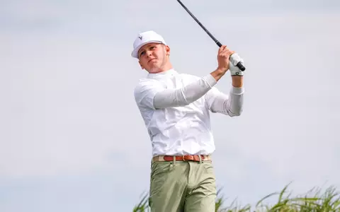 Jack Parel tees off at the 2026 Bush Cup against Wisconsin at Whistling Straits on Sept. 21, 2026