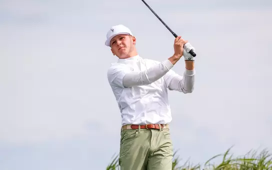 Jack Parel tees off at the 2026 Bush Cup against Wisconsin at Whistling Straits on Sept. 21, 2026