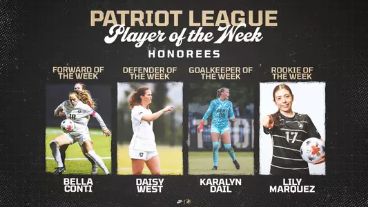 West, Dail, Conti, Marquez earn Patriot League weekly honors, announced on Monday, October 26, 2026