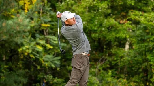Andre Chang of Army Golf Tees off during during his singles match against Navy on Oct. 4, 2026 at the West Point Golf Course