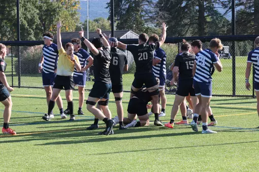 The Army Men's Rugby team celebrates a try at Penn State.