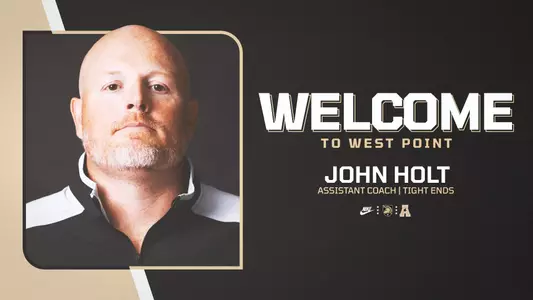 Graphic welcoming John Holt as an assistant coach for football with headshot on the left and the word welcome on the right.