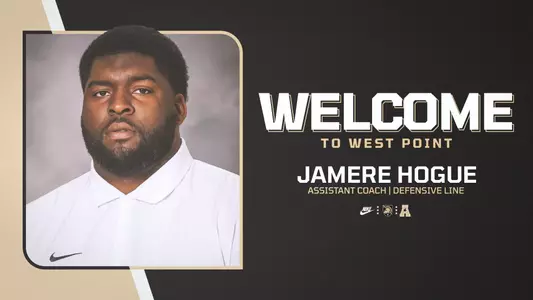 Army Football welcome graphic, welcoming Jamiere Hogue as an assistant football coach of the defensive line.