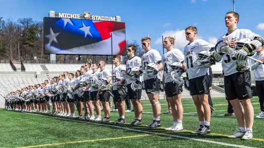 Men's Lacrosse team lines up for national anthem before game against Lehigh - March 28, 2026.