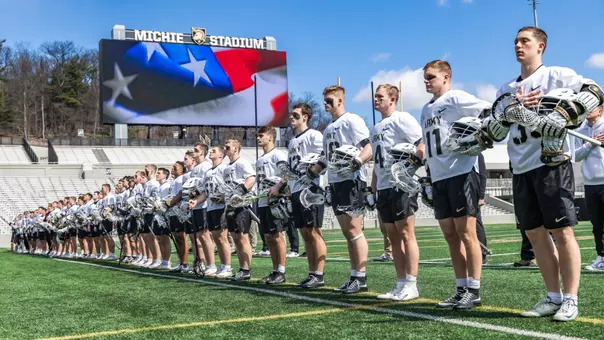 Men's Lacrosse team lines up for national anthem before game against Lehigh - March 28, 2026.