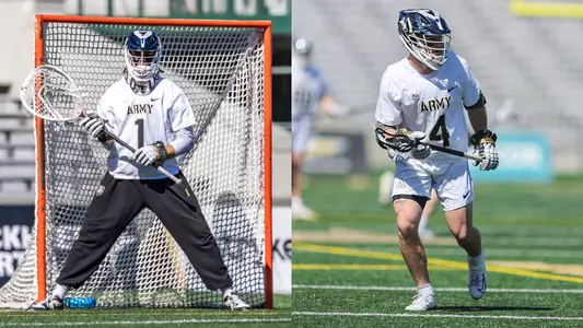 Sean Byrne stands ready in goal against Navy and Evan Plunkett runs with the ball against Navy in an image split down the middle.