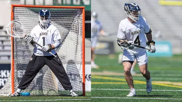 Sean Byrne stands ready in goal against Navy and Evan Plunkett runs with the ball against Navy in an image split down the middle.