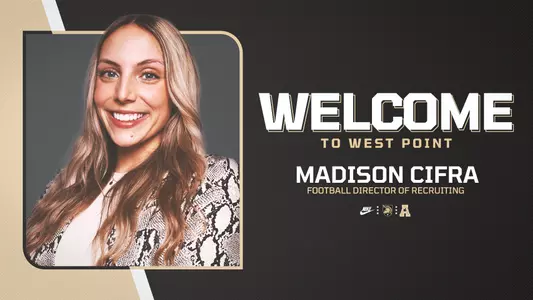 Graphic welcoming Madison Cifra as Army Football Director of Recruiting, with her headshot on the left and the words Welcome to West Point on the right with her name and job title below it.