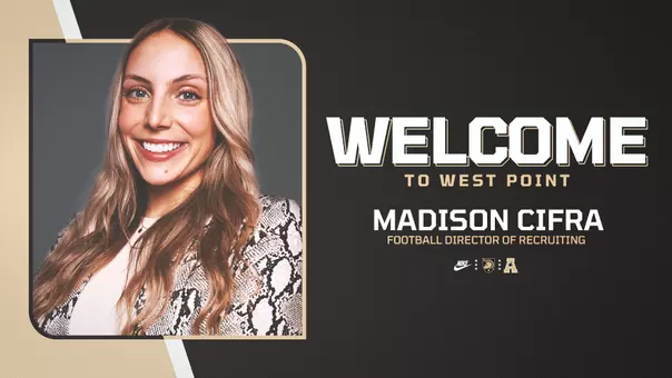 Graphic welcoming Madison Cifra as Army Football Director of Recruiting, with her headshot on the left and the words Welcome to West Point on the right with her name and job title below it.