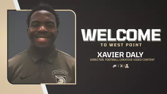 Graphic welcoming Xavier Daly, Army Football Director, Football Creative Content, with his headshot on the left and the words Welcome to West Point on the right with his name and job title below it.