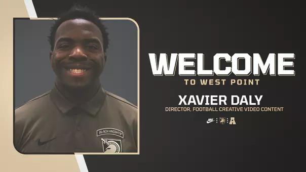 Graphic welcoming Xavier Daly, Army Football Director, Football Creative Content, with his headshot on the left and the words Welcome to West Point on the right with his name and job title below it.
