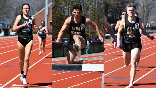 Mikayla Cheney, Nathan Davis and Todd Worth all competing in track events at the Army-Navy Track Meet