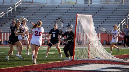 Army West Point women's lacrosse #20 Lindsey Serafine looks to stop a shot against Colgate on April 22, 2026