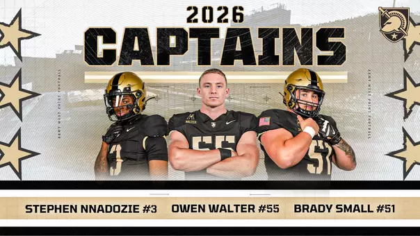 Graphic highlighting the announcement of the 2026 Army Football Team Captains Stephen Nnadozie, Owen Walter and Brady Small.