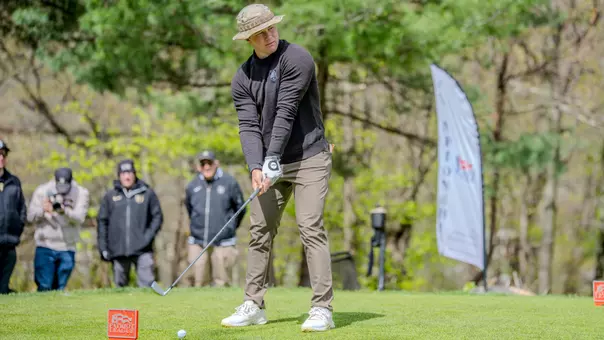 Golf's Tyson Sparks prepares to tee off at the 2026 Patriot League Championships