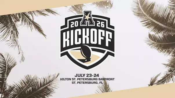 Graphic showing date of American Conference Kickoff Media Days on July 23-24 in St. Petersburg, Florida with the Kickoff logo and palm trees in the back.