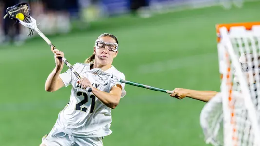 Brigid Duffy (#21) takes a shot during the Patriot League Tournament Semifinals on April 30, 2026 in Annapolis, Md.