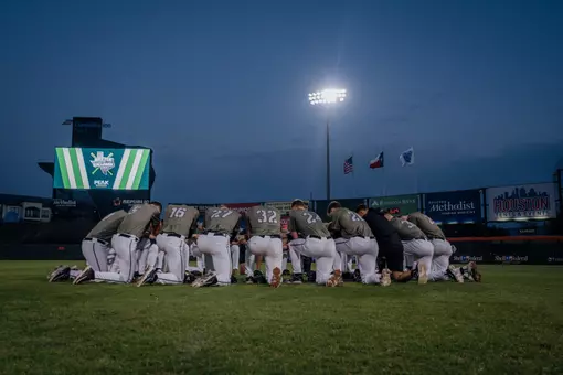 The Army baseball team huddles before facing Louisiana Tech in 2024 at the Peak Events Battle at the Ballpark. Army returns to the event in 2027, in San Antonio.