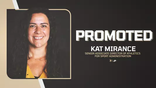 Graphic showing the promotion of Kat Mirance to Senior Associate Director of Athletics for Administration with her headshot on the left side.