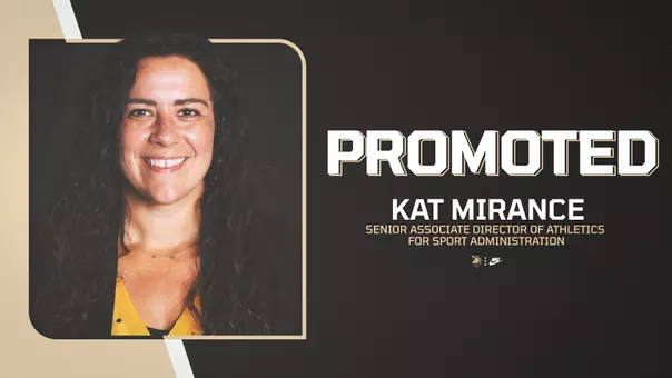 Graphic showing the promotion of Kat Mirance to Senior Associate Director of Athletics for Administration with her headshot on the left side.