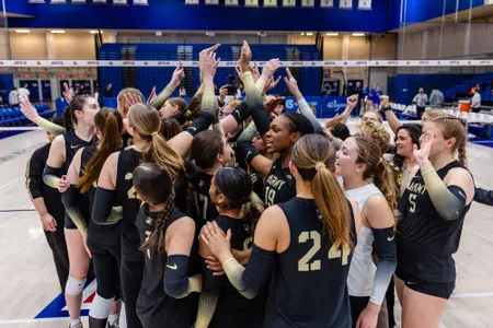 Volleyball Team Breaks Huddle After Defeating Colgate at 2025 Patriot League Tournament