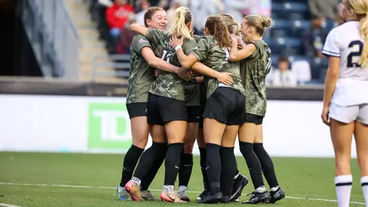 Army women's soccer celebrates a goal against Navy in the Army-Navy Cup on Oct. 10, 2025