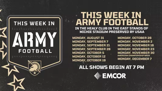 A graphic for This Week in Army Football describing when all the shows will occur